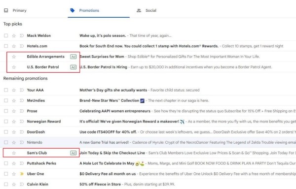 Google начал показывать рекламу между письмами в Gmail
